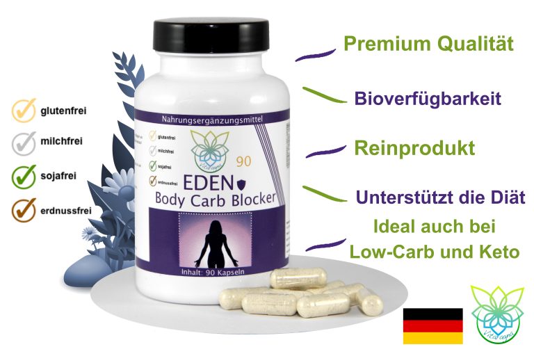 VITARAGNA Eden Body Carb-Blocker 90 Kapseln, der Kohlenhydratblocker bindet Kohlenhydrate mit Bockshornkleesamen und Bohnenpulver als Extrakt, clean, rein, glutenfrei, sojafrei, milchfrei, erdnussfrei