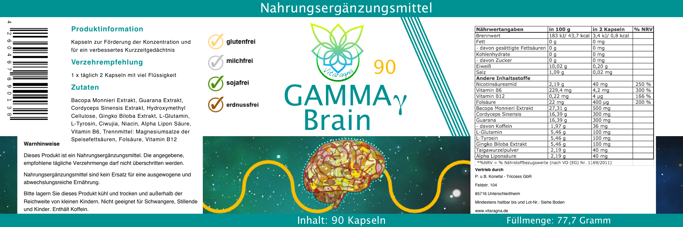 VITARAGNA Gamma Brain 90 Kapseln, Gehirn-Booster für mehr Konzentration, Gedächtnis, Aufmerksamkeit, Leistung, Fokus. Gehirndoping Nootropikum pur, clean, glutenfrei, sojafrei, milchfrei, erdnussfrei