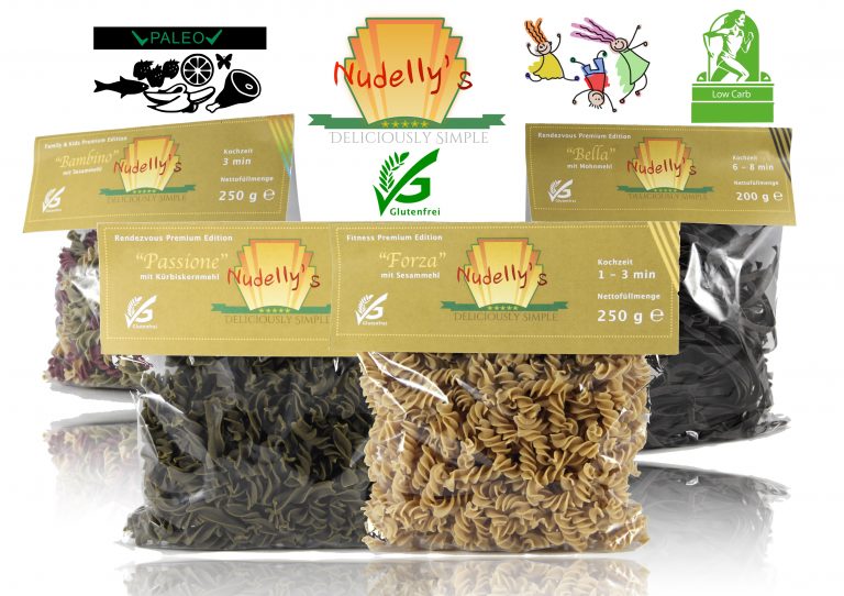 Paleo Pasta: Nudelly's Quattro Premium, glutenfreie Pasta im 4er-Pack, Kürbiskernmehl, Sesammehl, Mohnmehl, Eier-Nudeln mit Tapioka-Stärke als Tagliatelle u. Fusilli, low-carb, paleo, clean, sojafrei